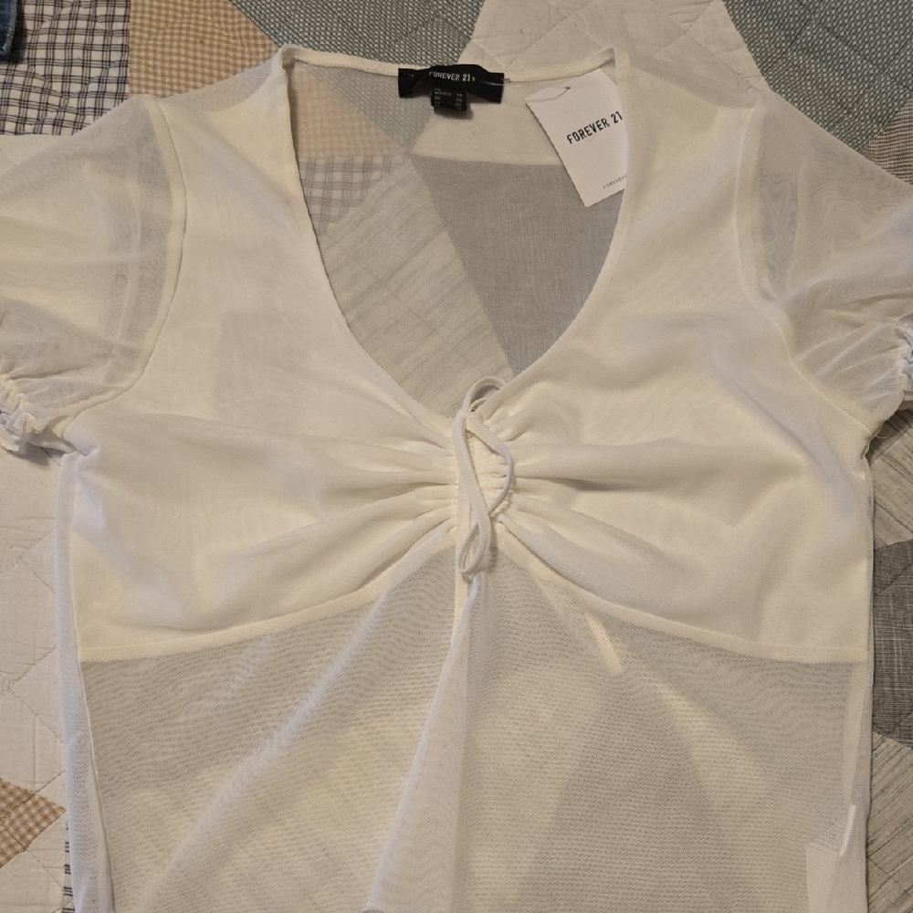 Forever 21 Cream Ruched V-Neck Blouse